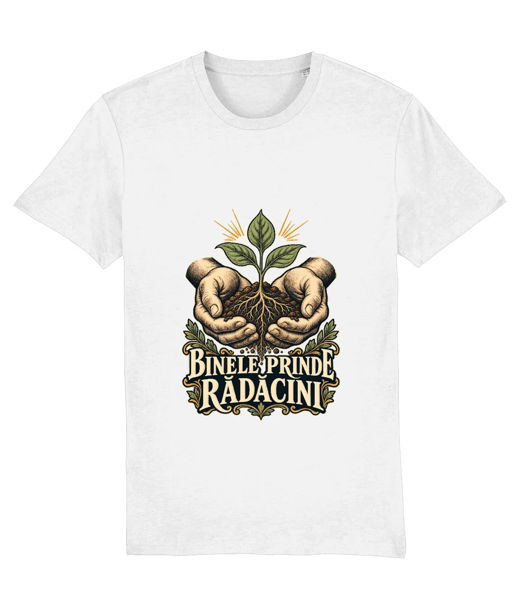 Tricou alb Binele prinde rădăcini, cu imprimeu pe piept