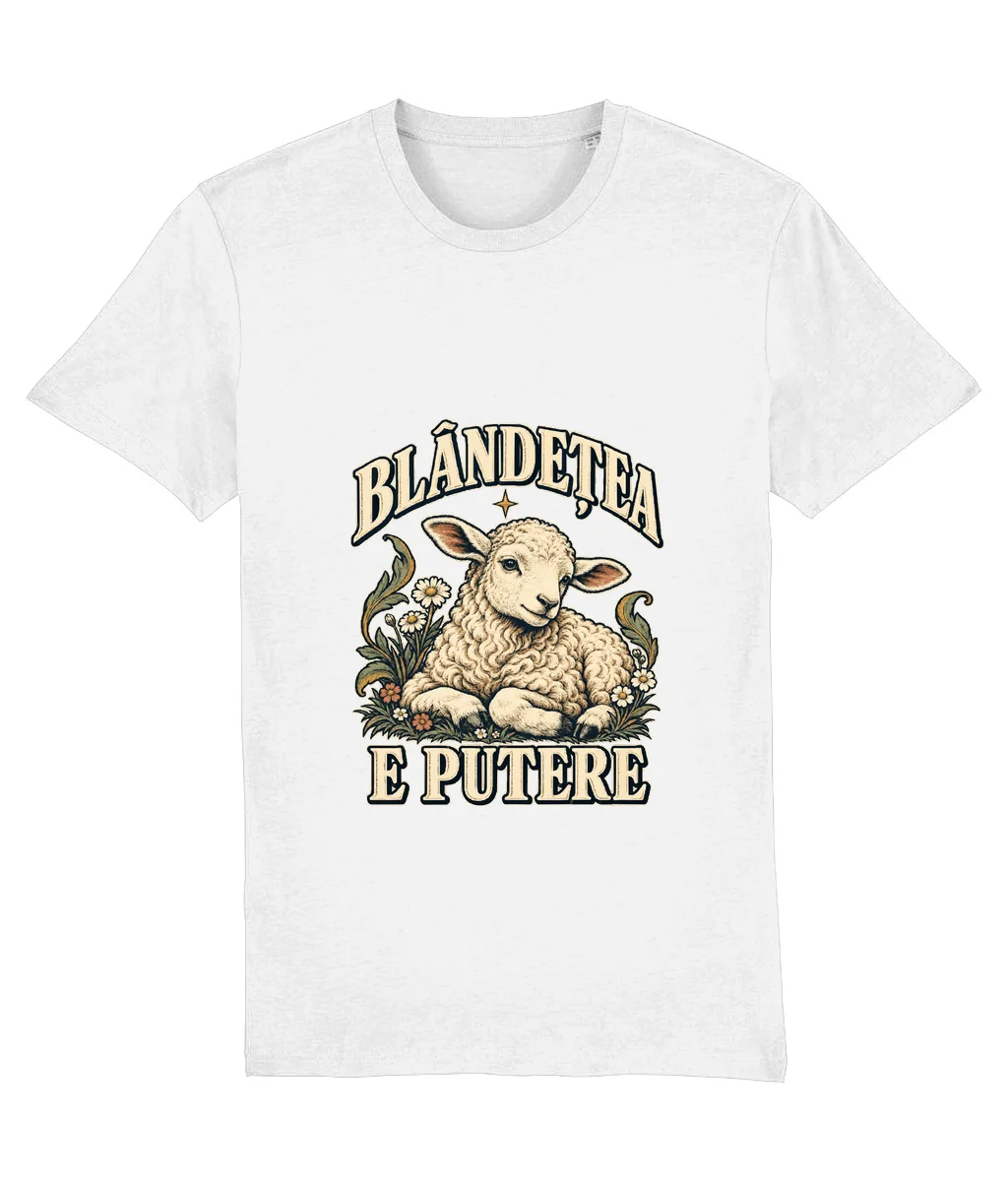 Tricou alb Blândețea e putere, cu imprimeu pe piept