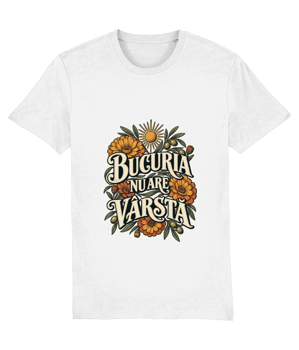 Tricou alb Bucuria nu are vârstă, cu imprimeu pe piept
