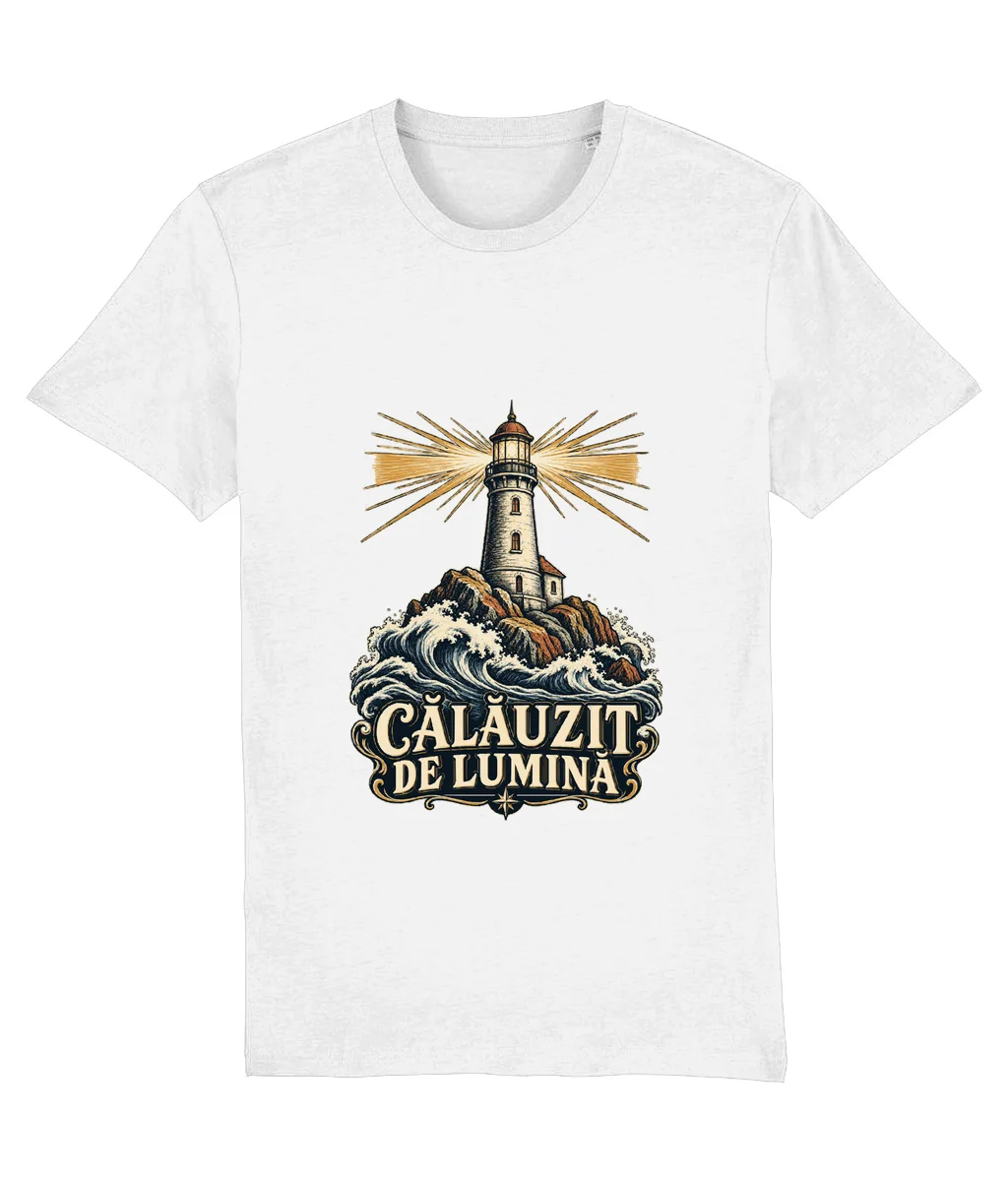 Tricou alb Călăuzit de lumină, cu imprimeu pe piept