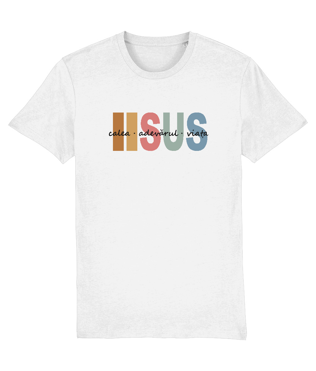 Tricou alb IISUS multicolor, cu imprimeu pe piept
