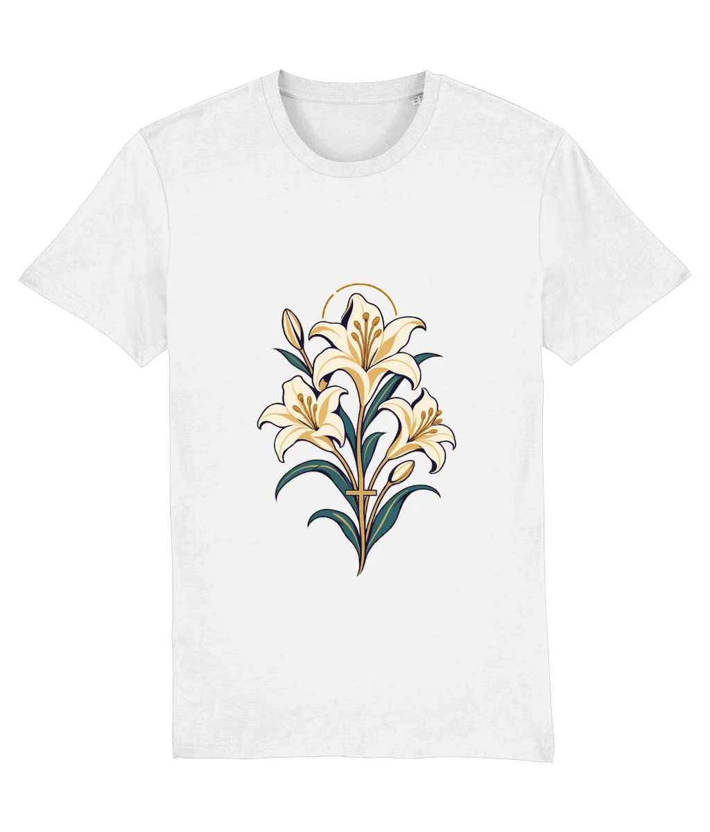 Tricou alb Crinul Bunei Vestiri · Artă, cu imprimeu pe piept