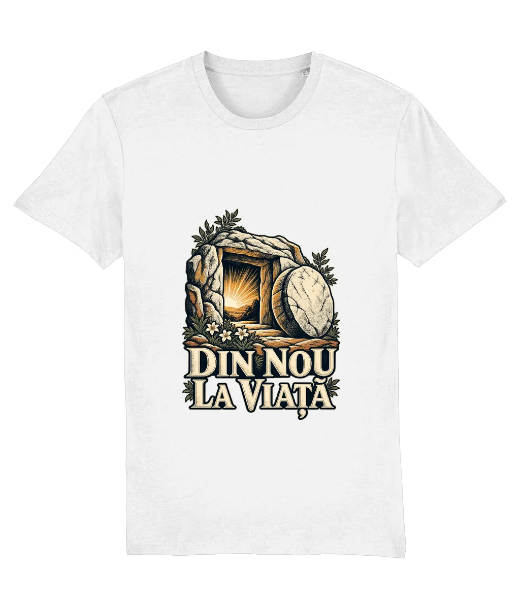 Tricou alb Din nou la viață, cu imprimeu pe piept