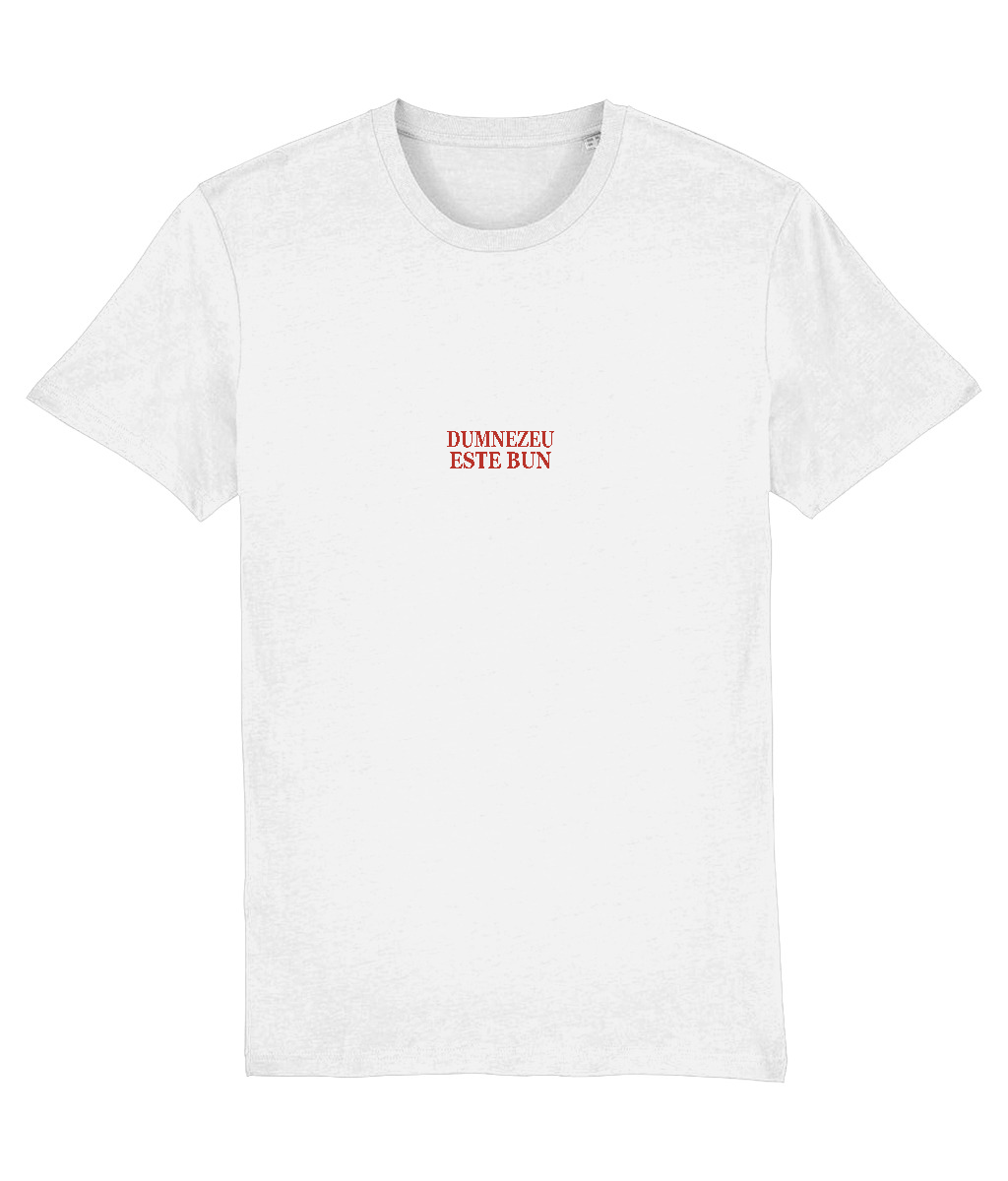 Tricou alb Dumnezeu este bun, cu imprimeu pe piept