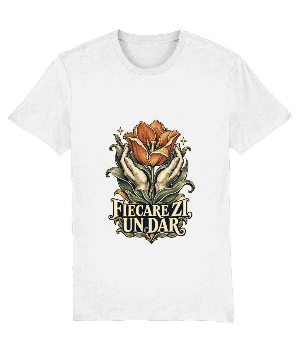 Tricou alb Fiecare zi, un dar, cu imprimeu pe piept
