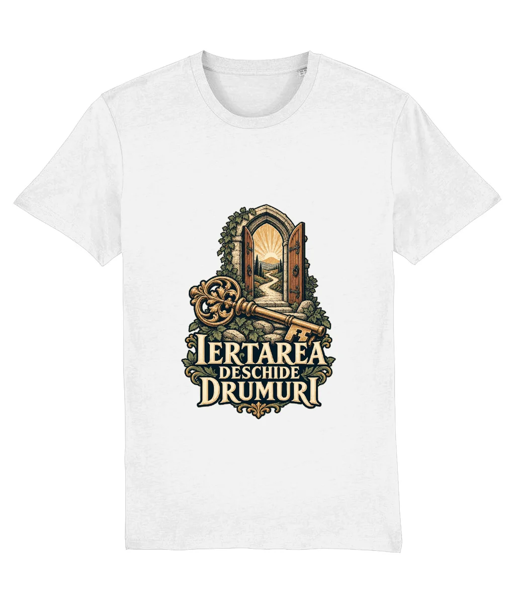 Tricou alb Iertarea deschide drumuri, cu imprimeu pe piept