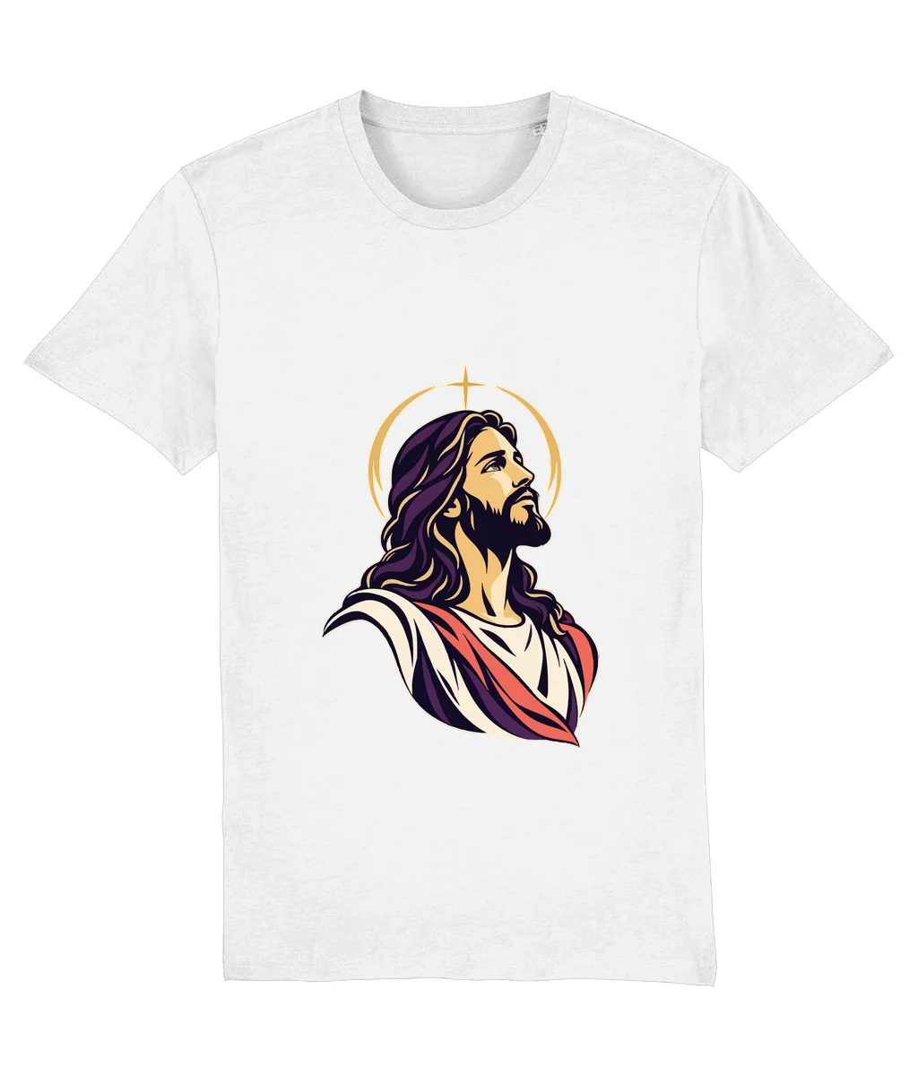 Tricou alb Iisus — lumina blândeții · Artă, cu imprimeu pe piept