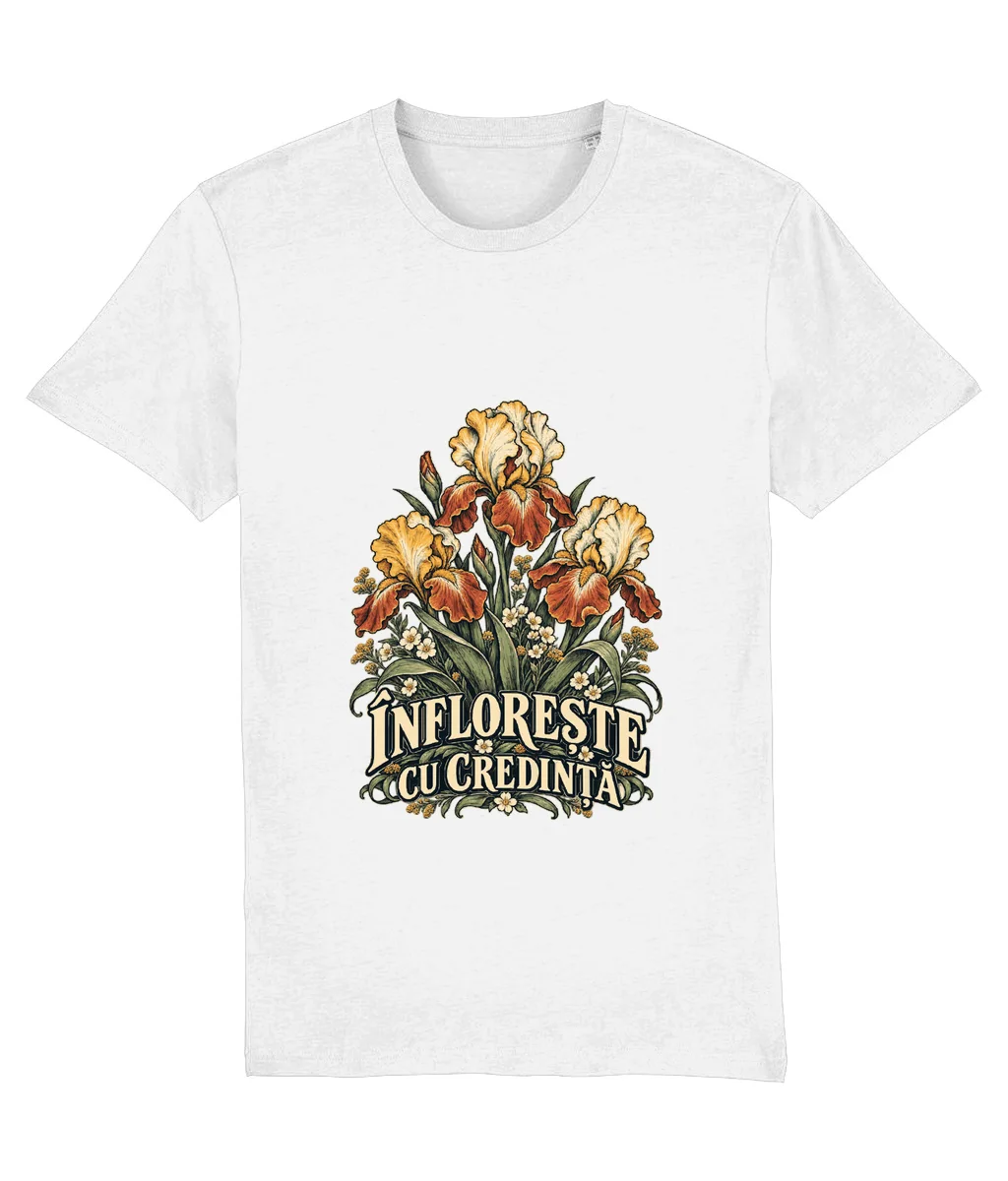 Tricou alb Înflorește cu credință, cu imprimeu pe piept