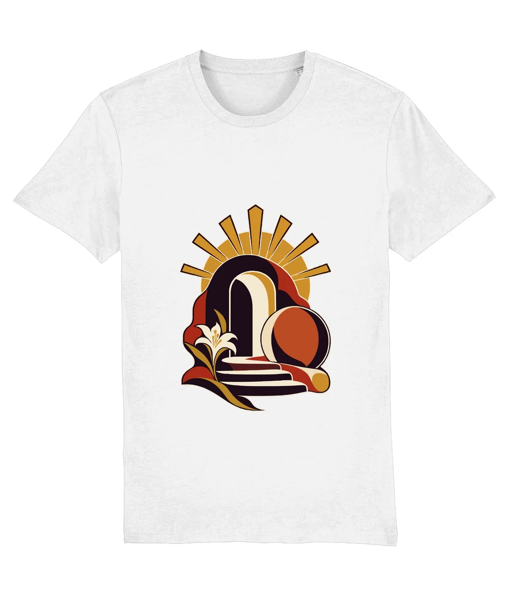 Tricou alb Învierea · Artă, cu imprimeu pe piept