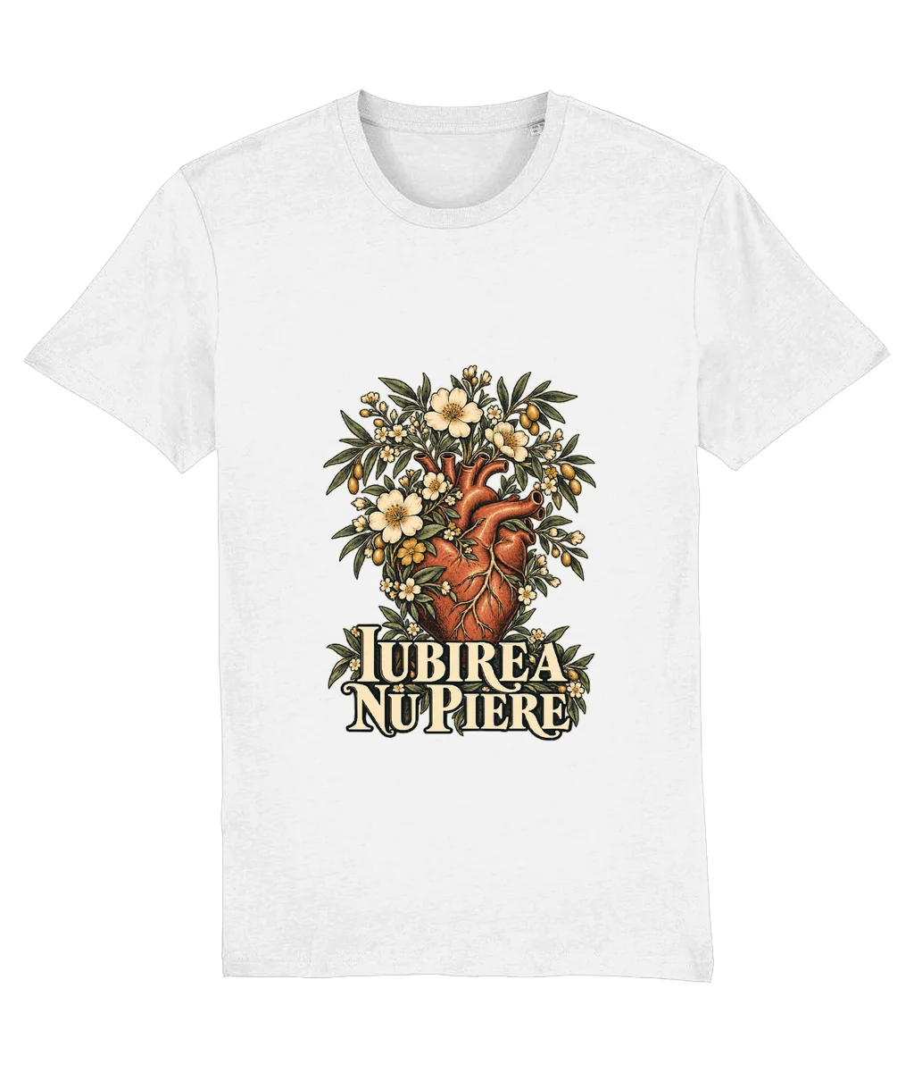 Tricou alb Iubirea nu piere, cu imprimeu pe piept
