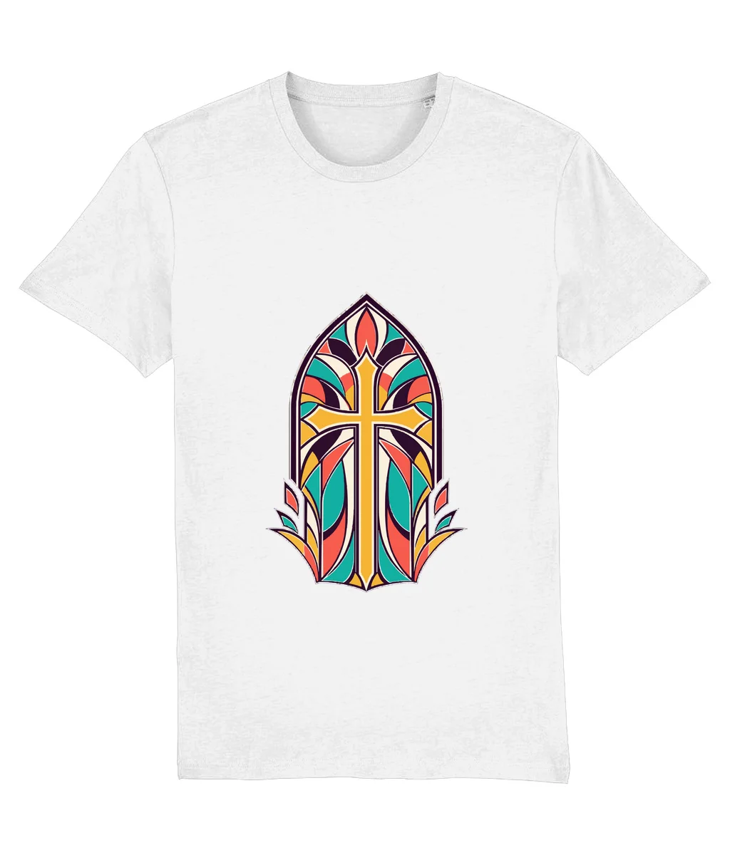Tricou alb Lumina din vitraliu · Artă, cu imprimeu pe piept