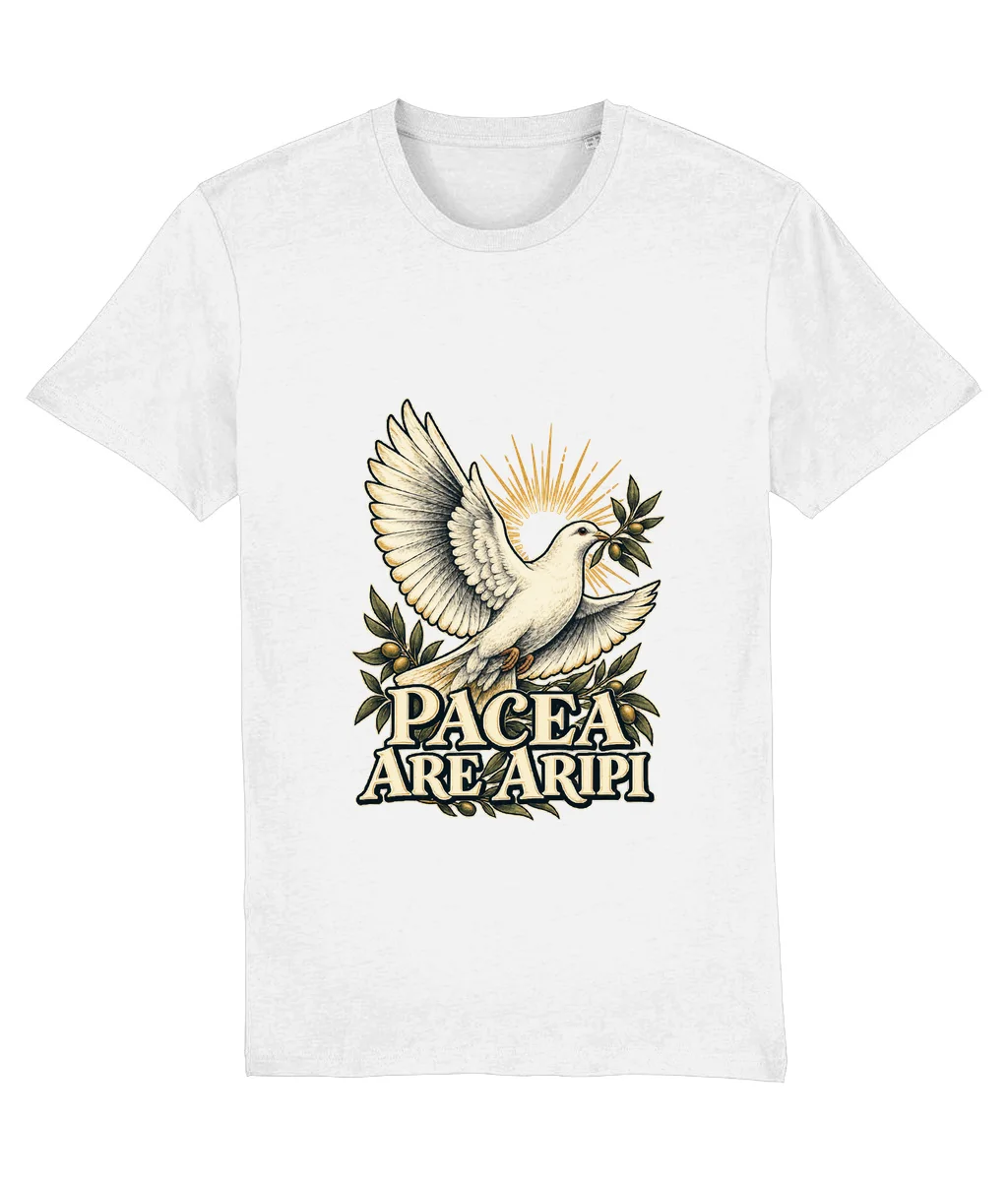Tricou alb Pacea are aripi, cu imprimeu pe piept