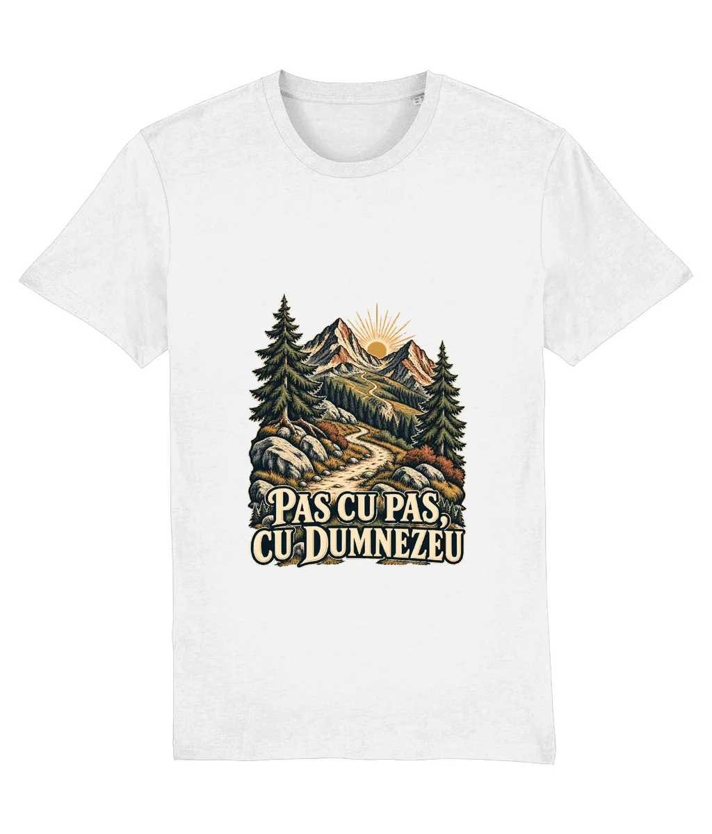 Tricou alb Pas cu pas, cu Dumnezeu, cu imprimeu pe piept