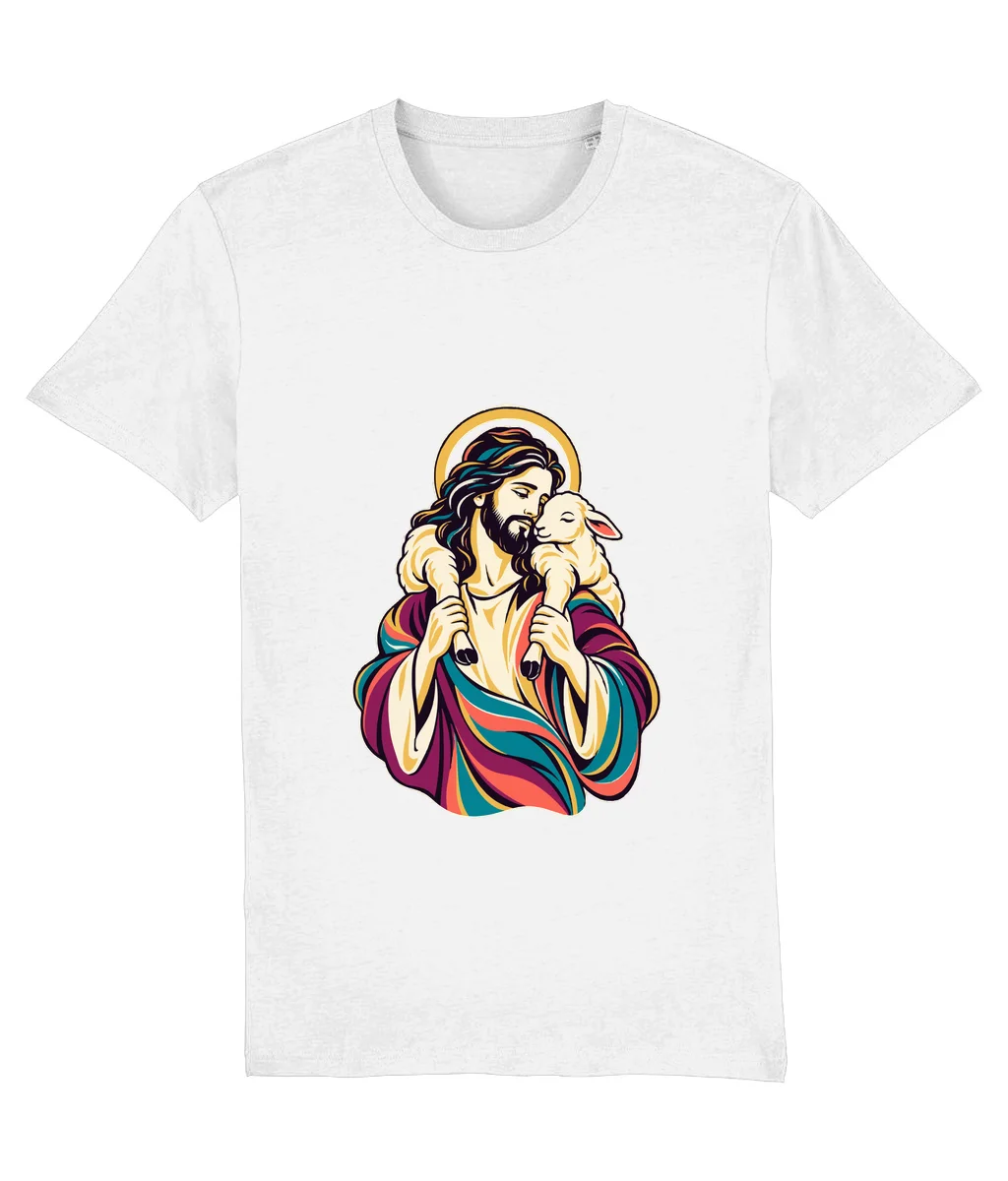 Tricou alb Păstorul cel bun · Artă, cu imprimeu pe piept