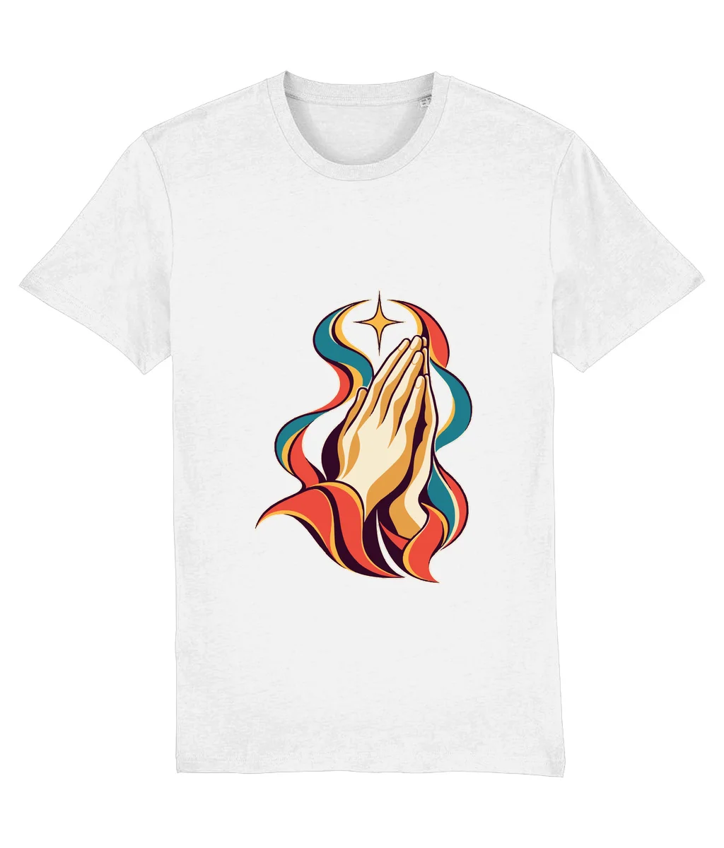 Tricou alb Rugăciune · Artă, cu imprimeu pe piept