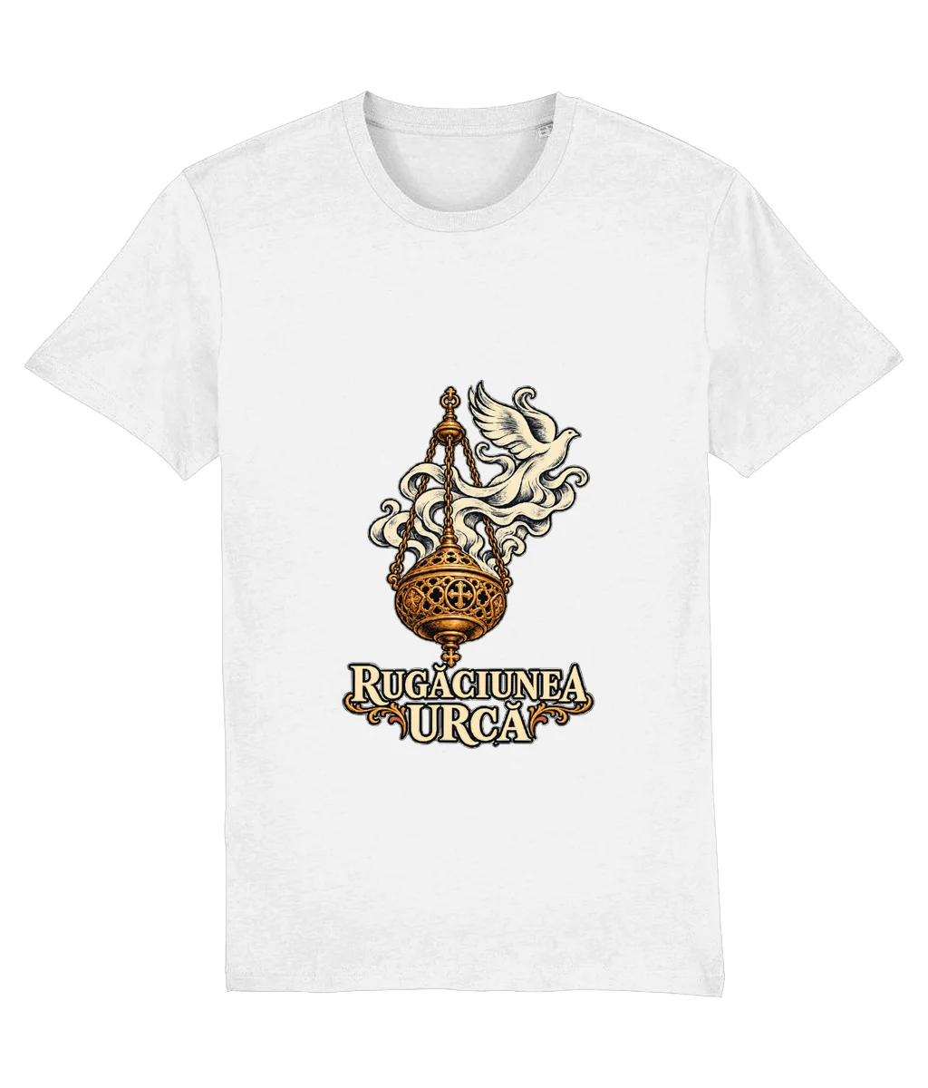 Tricou alb Rugăciunea urcă, cu imprimeu pe piept