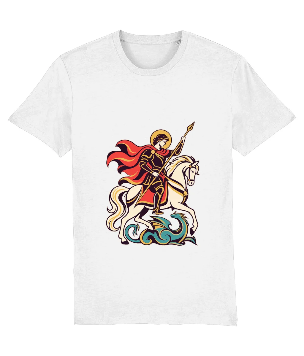 Tricou alb Sfântul Gheorghe · Artă, cu imprimeu pe piept